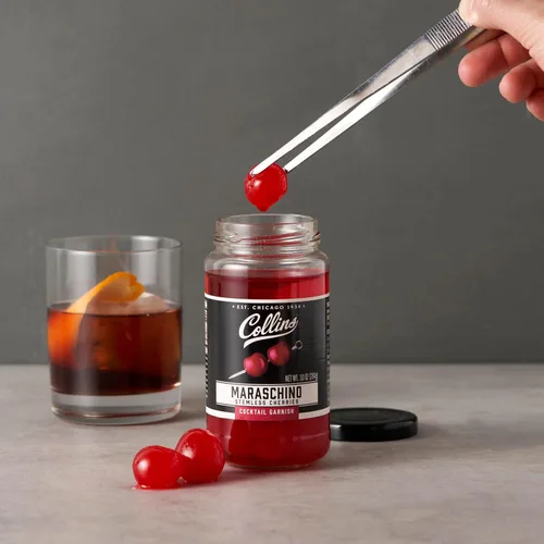 Vista 5 de Collins Cerezas Marrasquino Sin Tallo, Guarnición para Cócteles, Postres, Manhattan y Old Fashioned, Cerezas Gourmet para Picar para Casa y Bar, 10