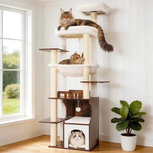 Vista 9 de Gitelsnour Árbol para gatos, torre de madera para gatos de 70.9 pulgadas para gatos grandes y adultos, muebles modernos para gatos con condominio