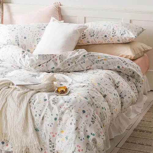 Vista 33 de Juego de funda de edredón blanca con estampado floral azul, juego de ropa de cama de algodón suave estilo bohemio, juego de ropa de cama estética