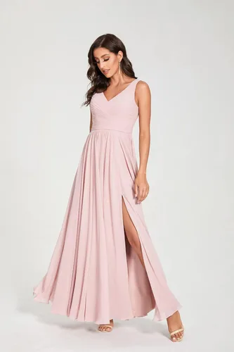Vista 3 de WaterDress Vestido de dama de honor con cuello en V largo con abertura de gasa acampanado plisado vestidos formales para mujer WD1932P