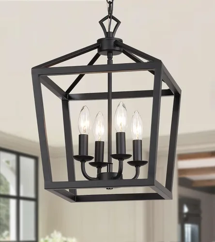 Vista 10 de AMZASA UL Listada Lámpara de araña industrial negra de 4 luces, lámpara colgante de jaula metálica de granja, estilo rústico geométrico, accesorios