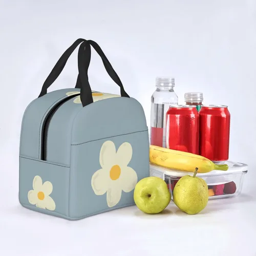 Vista 7 de Lonchera Kawaii con diseño de margaritas azules para mujeres y hombres, bonita lonchera aislada con bolsillo frontal para el trabajo, picnic y viajes