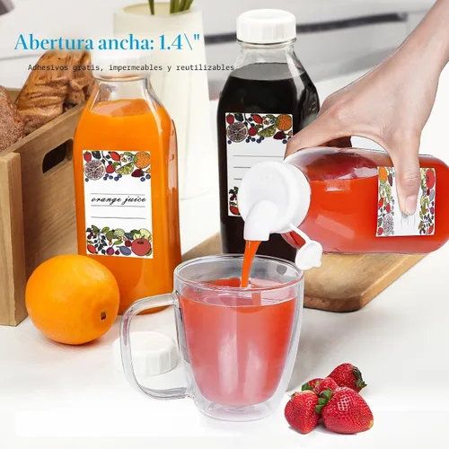 Vista 4 de Paquete de 4 botellas de leche de vidrio de 1 litro con escala, tapa de rosca 100% hermética y resistente, tarros de 32 onzas con 2 boquillas