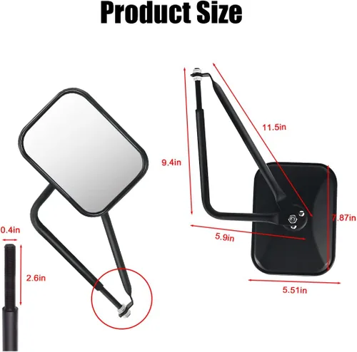 Vista 2 de Espejos cuadrados para puertas Jeep Wrangler – Gran angular, antivibración, fácil de instalar para una conducción segura