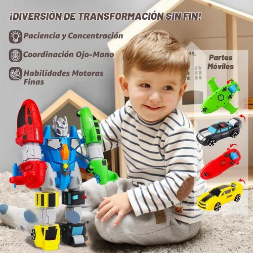 Vista 4 de QUERCITRON - Juego de vehículos magnéticos 5 en 1, juguete que se transforma en robot, kit de figuras de acción de construcción con piezas