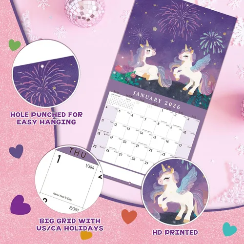 Vista 4 de Calendario infantil 2026 – Calendario de unicornio 2026 de 12 x 12 pulgadas para niños con más de 400 calcomanías divertidas, perfecto