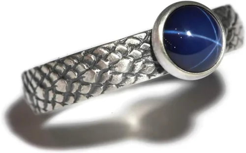 Vista 3 de Salish Sea Inspirations Created Blue Star Sapphire Ring Dragon Scale Pattern Vintage Silver (Round Stone)