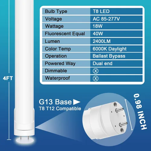 Vista 2 de Paquete de 24 bombillas LED T8 de 4 pies, luz blanca diurna de 6000 K, equivalente a 40 W, bypass de balasto, tubo de luz tipo B de doble extremo