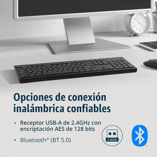 Vista 3 de Kensington KB270 EQ Teclado inalámbrico recargable, tamaño completo, a prueba de derrames, conexión Bluetooth 5.0 y 2.4 GHz, compatible con Windows