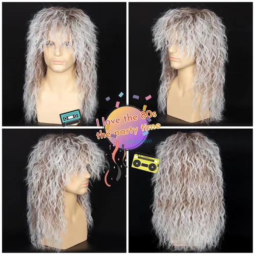 Vista 3 de M MISS U HAIR Peluca de los años 80 para hombre y mujer, juego de disfraz de rockero Diadema elástica, manga de tatuaje con tachuelas, guante