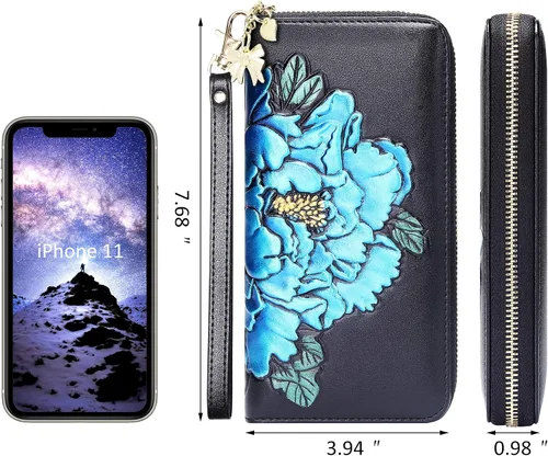 Vista 2 de FEITH & FELLY - Cartera con bloqueo RFID para mujer, de cuero grabado en relieve, talla única