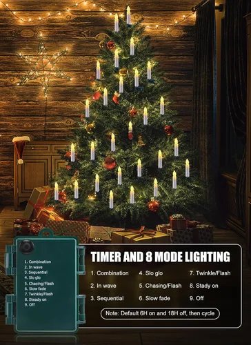 Vista 6 de Minetom Velas de Árbol de Navidad de 50 LED a Batería, Luces sin Llama de 48 Pies con Clip con 8 Modos, Cadena Blanca Cálida Impermeable