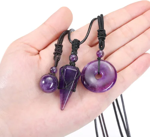 Vista 3 de Jovivi Juego de 3 collares de piedra de cristal curativo para hombres y mujeres, amatista natural, obsidiana negra, ojo de tigre, piedras preciosas