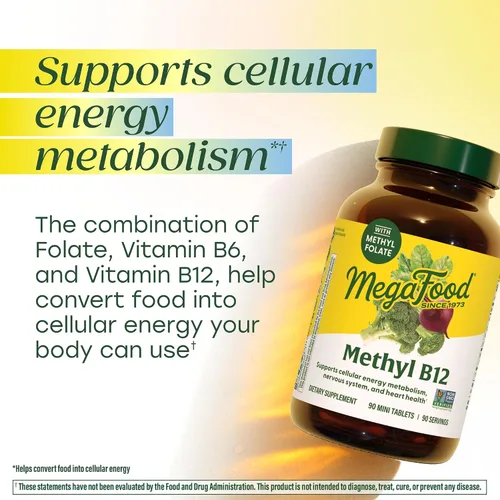 Vista 3 de MegaFood Metil B12 - Vegano - Incluye metil folato, vitamina B12 y B6 - Apoya la producción de energía celular, la salud del sistema nervioso