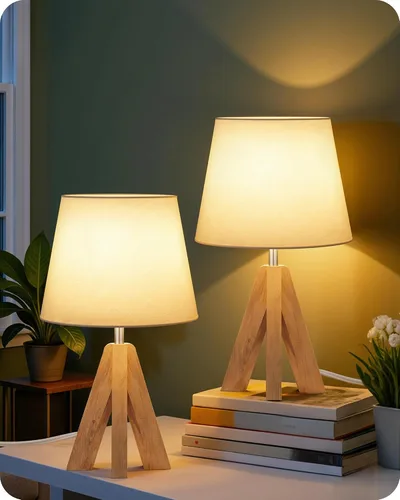 Vista 21 de Juego de 2 lámparas de mesa trípode pequeñas, lámpara moderna de mesita de noche con pantalla de tela, luz de escritorio de madera estilo bohemio
