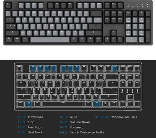 Vista 7 de DURGOD Teclado mecánico resistente con interruptores marrón Cherry MX N-Key Rollover 104 teclas teclas PBT interfaz tipo C para jugadores