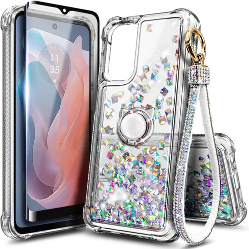 Vista 21 de Funda compatible con Samsung Galaxy S24-FE Aqua/Purple Funda líquida flotante con purpurina linda con protector de pantalla de vidrio templado
