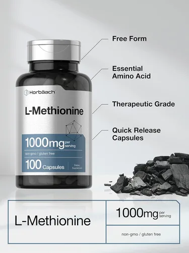 Vista 3 de Horbäach L-metionina 1000mg 100 cápsulas Sin OMG, sin gluten Suplemento de forma libre