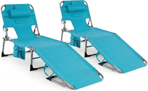 Vista 16 de Tangkula Silla de Bronceado con Orificio para la Cara, Silla Reclinable Plegable y Ajustable para Patio, Playa, Tomar el Sol con Bolsillo Lateral