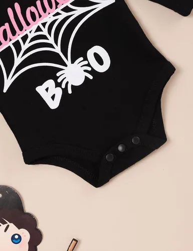 Vista 5 de Conjunto de ropa de Halloween para recién nacido, con volantes, tirantes, calabaza, murciélago, fantasma, falda con diadema