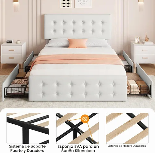 Vista 7 de IDEALHOUSE Marco de cama tamaño completo con 4 cajones de almacenamiento y cabecero, marco de cama plataforma tapizada en cuero sintético con Beige