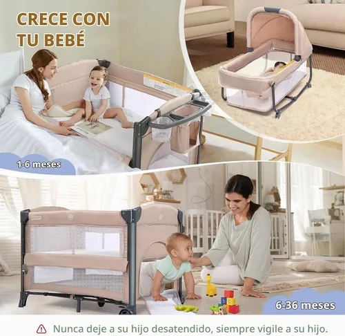 Vista 7 de JOYMOR Moisés doble para bebé, moisés de cabecera beige, convertible a moisés de cabecera y corralito, con ruedas, freno, moisés lateral plegable