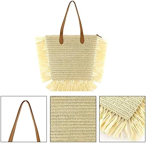 Vista 4 de Women Large Fringe Straw Woven Shoulder Bag Summer Beach Top-Handle Bag Travel Tote