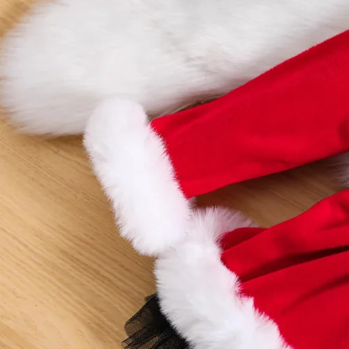 Vista 5 de WASAIGOOD Mameluco de Navidad para bebé niña, vestido de manga larga con ribete de piel, traje de terciopelo para Navidad, enterizo de invierno