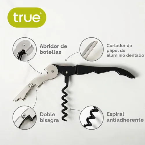 Vista 2 de True Truetap Sacacorchos de camarero de doble bisagra, abridor de botellas de vino de acero inoxidable con cortador de papel de aluminio Negro