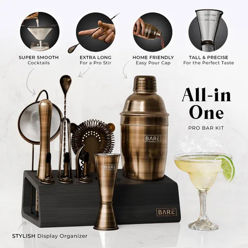 Vista 2 de Mixology Bartender Kit Bar Set Juego de coctelera de 14 piezas Herramientas de mezcla de Martini Barware para el hogar Incluye 35 tarjetas