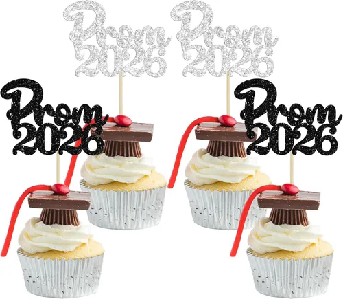 Vista 34 de Gyufise 24 piezas de decoración para cupcakes con purpurina para graduación 2026, decoración de pasteles para graduación 2026, decoración de Negro
