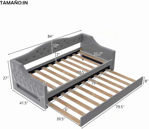 Vista 2 de Cama Diván Moderna Tamaño Twin XL con Cinturón LED y Cama Nido, Marco de Cama Plataforma de Madera con Cabecera Tapizada con Almacenamiento, Sofá