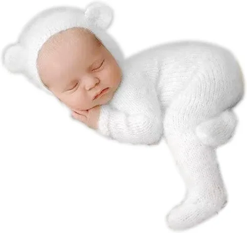 Vista 12 de 2 piezas de accesorios de fotografía para recién nacidos, trajes de fotos para niños, sesiones de fotos de bebé, disfraz de niña con sombrero de oso