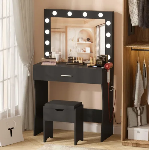 Vista 6 de Juego de mesa de tocador con espejo iluminado, tocador de maquillaje con estación de carga, cajón grande de madera resistente con luces, 3 modos