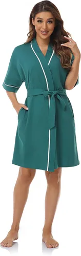 Vista 4 de COLORFULLEAF Bata de baño de manga corta para mujer, 100% algodón, longitud hasta la rodilla, con bolsillos
