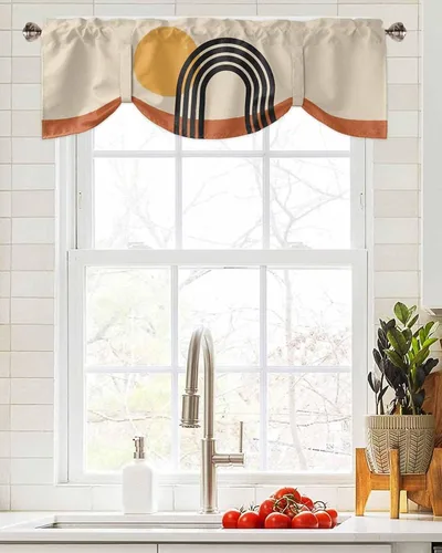 Vista 6 de Cortina de ventana ajustable con lazos para ventana, cenefa de cocina para sala de estar, arte abstracto, sol y arco iris, bolsillo para barra