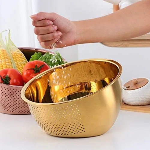 Vista 2 de Meisha - Cuenco de lavado de arroz, colador versátil 3 en 1 de acero inoxidable y colador de cocina con escurridor lateral para arroz, verduras