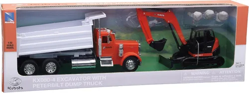 Vista 2 de Peterbilt Camión volquete naranja y blanco y Kubota KX080-4 Excavadora naranja y negro con rocas 1/32 modelo fundido a presión por New Ray