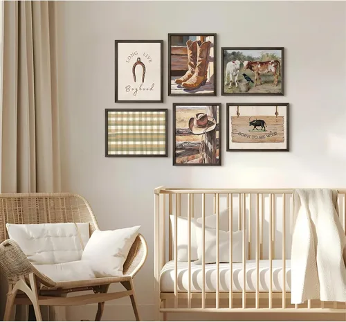 Vista 5 de Arte de pared de vaquero, imágenes en lienzo para guardería, decoración de pared de vaca occidental, impresiones de habitación de niños, póster