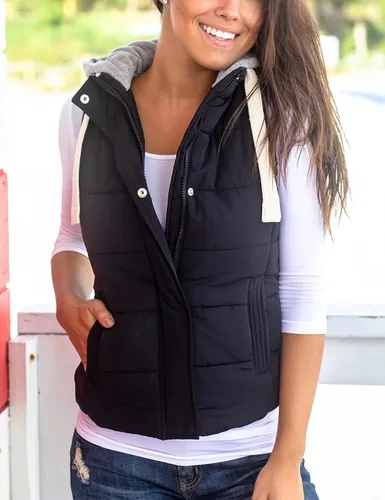 Vista 2 de Chaleco Yeokou acolchado para mujer, para invierno, con capucha extraíble, sin mangas y entallado
