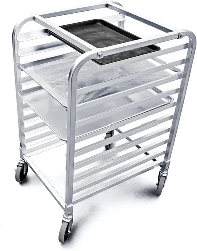 Vista 3 de New Star Foodservice 36510 Estante para Bandejas/Moldes para Bollos de Aluminio de Grado Comercial de 10 Niveles, 26" L x 20" A x 38" Al con Ruedas