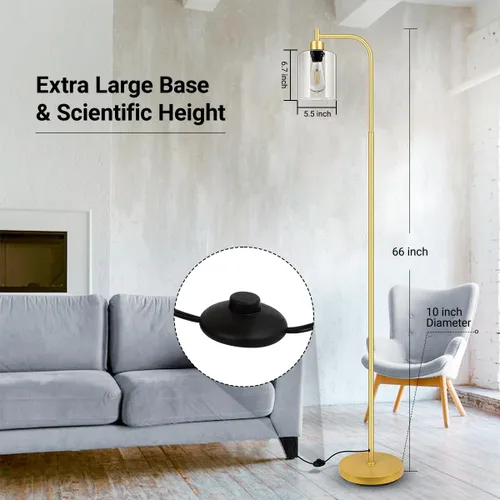 Vista 4 de Lámpara de pie dorada, lámpara de pie con pantalla de cristal, bombilla LED de 6 W incluida, lámpara de pie moderna con interruptor de pie, lámpara