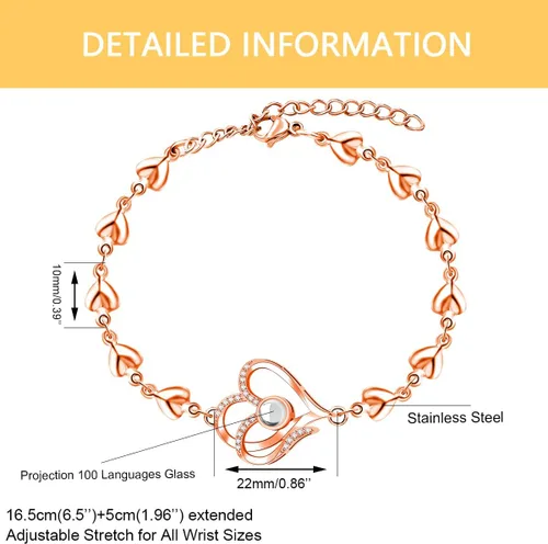 Vista 5 de Pulsera de cadena de corazón personalizada con texto en inglés "I Love You in 100 Language", regalos para mamá, esposa, novia