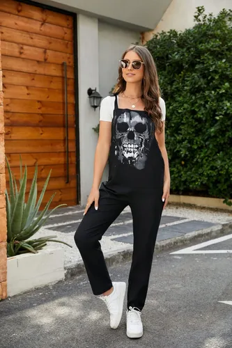 Vista 61 de PAODIKUAI Overol casual con estampado de calavera para mujer, overol suelto con bolsillos