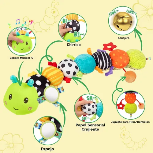 Vista 3 de Juguetes Sensoriales para Bebés de 0-6 6-12 Meses, Oruga de Peluche Musical con Sonido Arrugado y Sonajero, Juguetes para Tiempo Boca Abajo