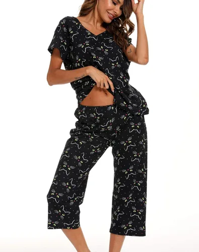 Vista 2 de ENJOYNIGHT Conjuntos de pijama de algodón para mujer, pijamas de verano con pantalones capri, ropa de dormir Gato negro