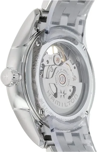 Vista 4 de Hamilton Jazzmaster Reloj automático suizo con corazón abierto de 1.575 in, esfera plateada, pulsera de acero inoxidable plateado