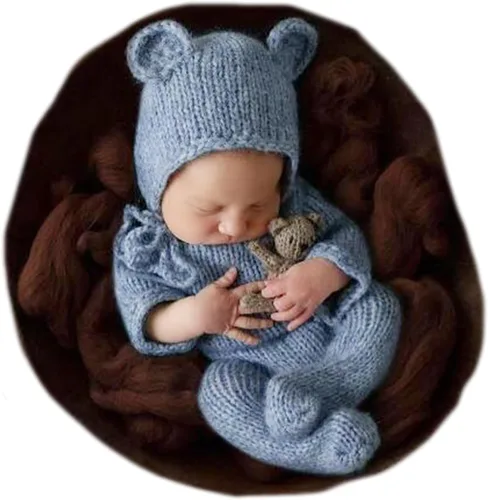 Vista 2 de 2 piezas de accesorios de fotografía para recién nacidos, trajes de fotos para niños, sesiones de fotos de bebé, disfraz de niña con sombrero de oso