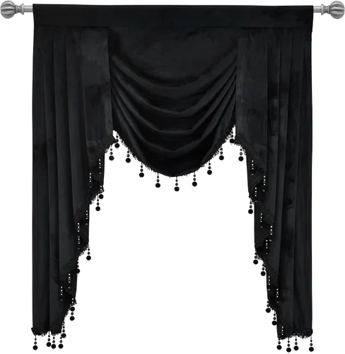 Vista 3 de Cenefa de terciopelo negro para sala de estar, cenefas de cascada de lujo para ventanas, cenefa de cuentas con borlas para cocina, cenefa