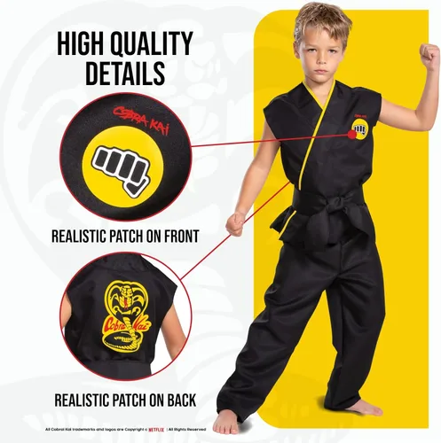 Vista 3 de Disfraz de Cobra Kai para niños, disfraz oficial de Cobra Kai para niños con cinturón negro, Negro